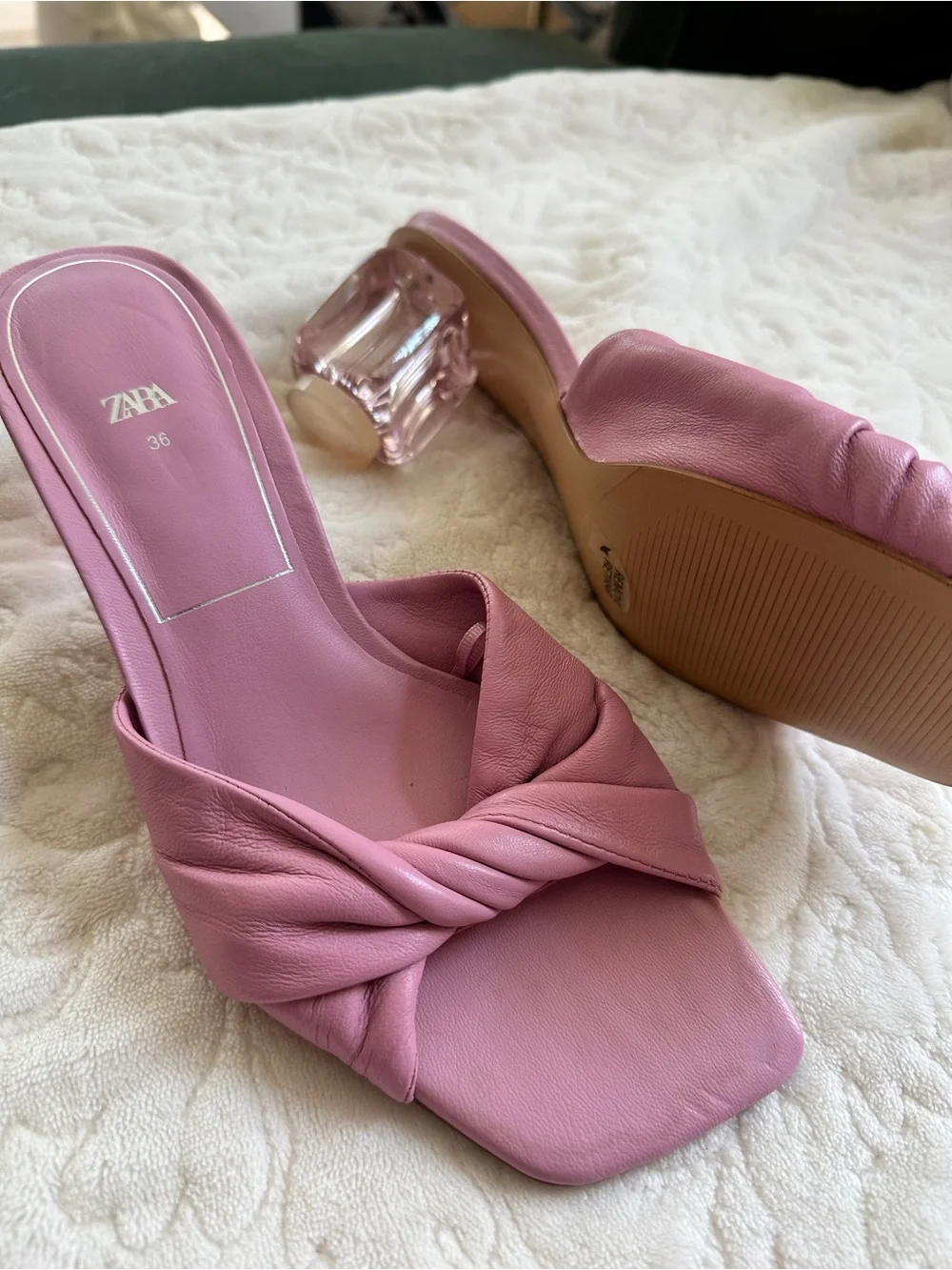Zara Mauve Knotted Slide Mules with Clear Block Heel - Picture 1 of 3